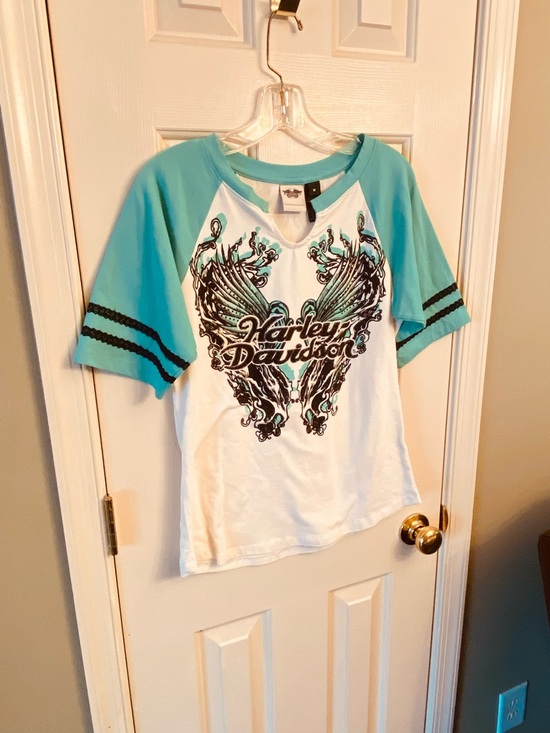 Harley-Davidson Tops - Harley-Davidson Teal and White Raglan Graphic Tee